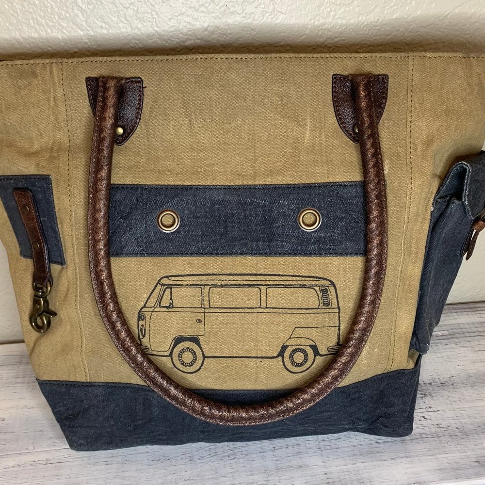NWT upcycled canvas and leather tote - hippie bus